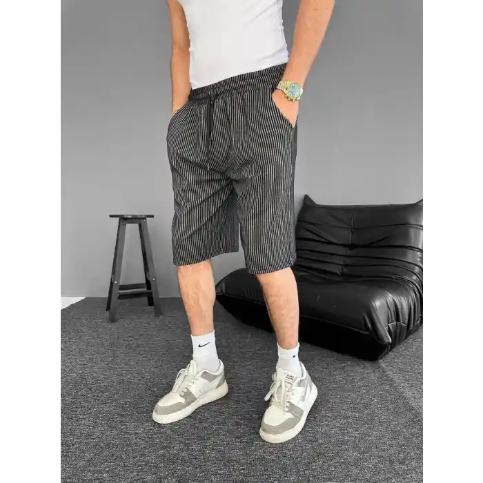 Su Yolu Çizgili Ön Arka Cepli Şort Yazlık Nefes Alabilir - Siyah