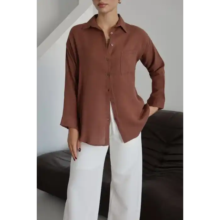 Tek cepli müslin gömlek kahve pt