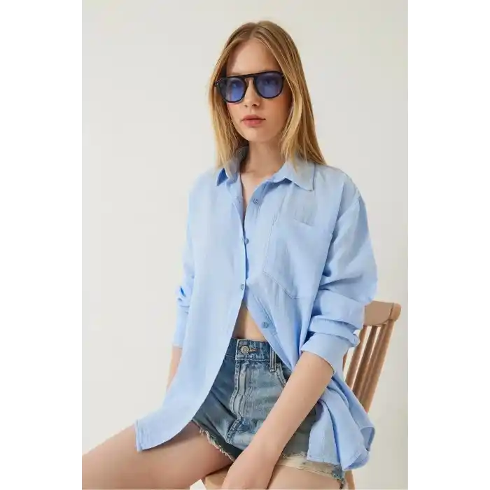 Tek cepli müslin gömlek mavi pt