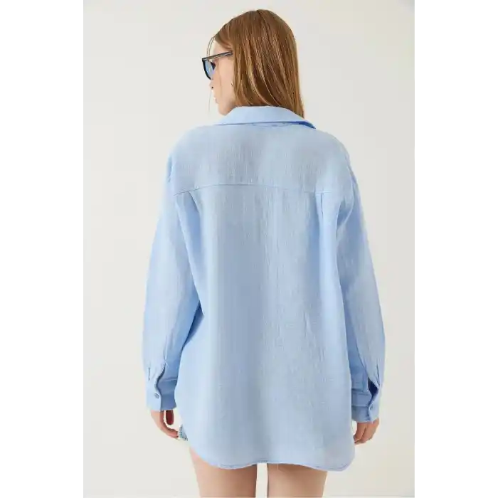 Tek cepli müslin gömlek mavi pt