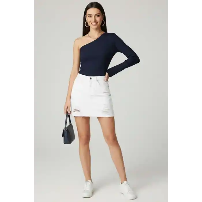 Tek Omuzlu Basic Bluz Lacivert T4275