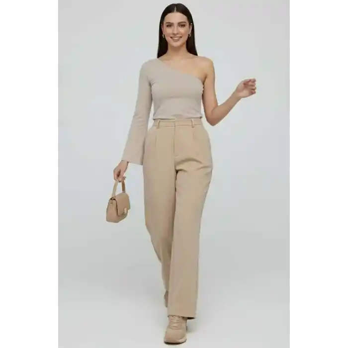 Tek Omuzlu Basic Bluz Vizon T4275