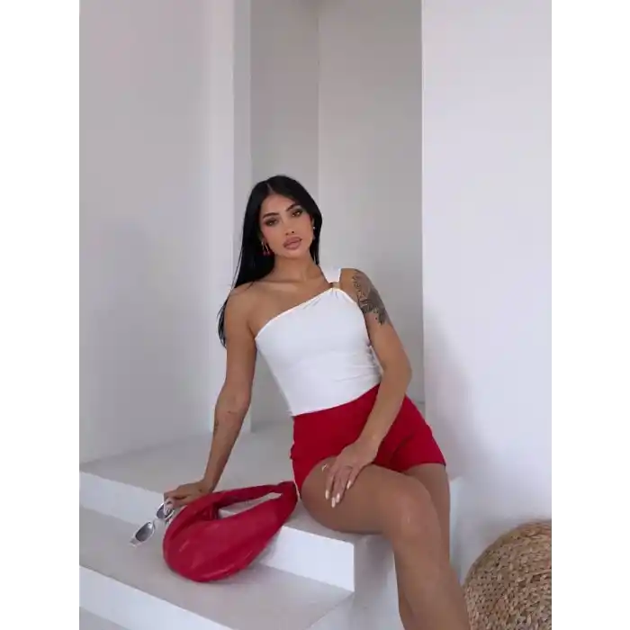 Tek omuzlu Otoman kumaş gold metal detaylı bluz s2311