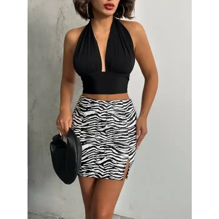 Tek yırtmaçlı zebra desenli deri etek beyazsiyah w24475-S