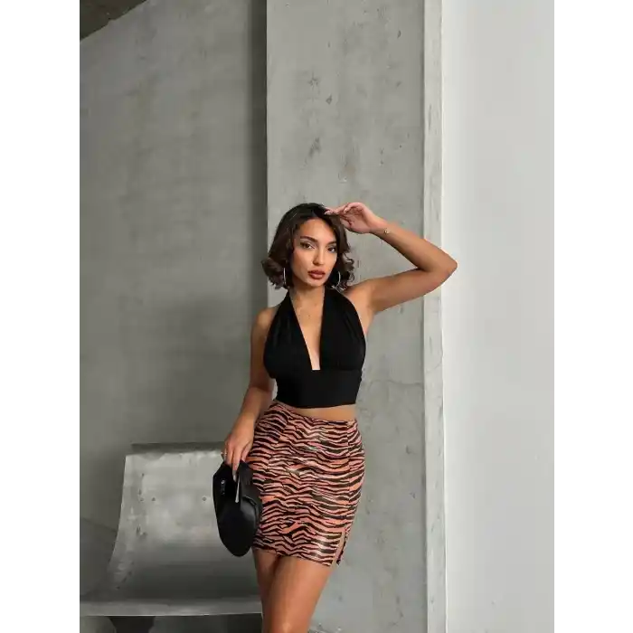 Tek yırtmaçlı zebra desenli deri etek kahvesiyah w24475-S