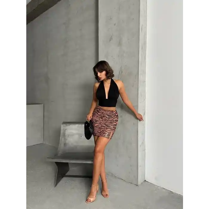 Tek yırtmaçlı zebra desenli deri etek kahvesiyah w24475-S