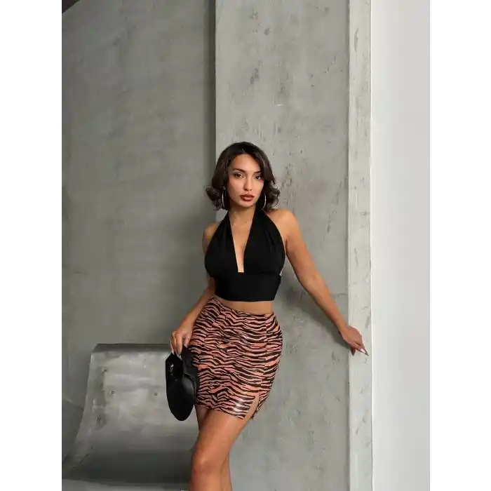 Tek yırtmaçlı zebra desenli deri etek kahvesiyah w24475-S