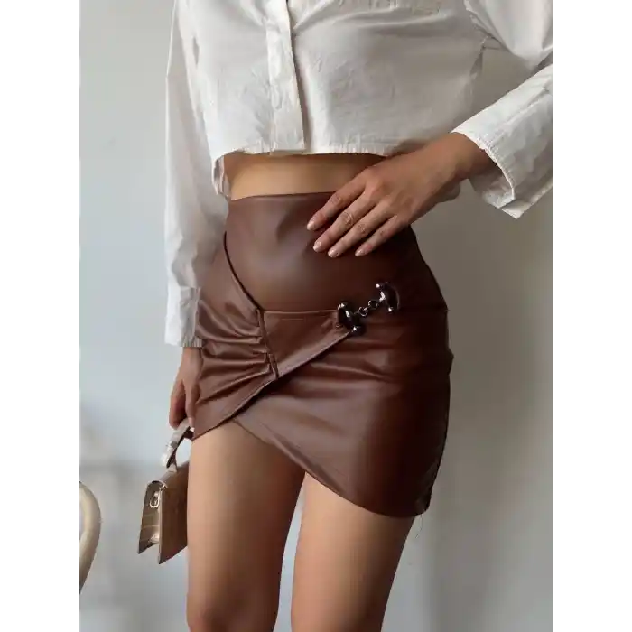 Tokalı deri etek kahve s240097