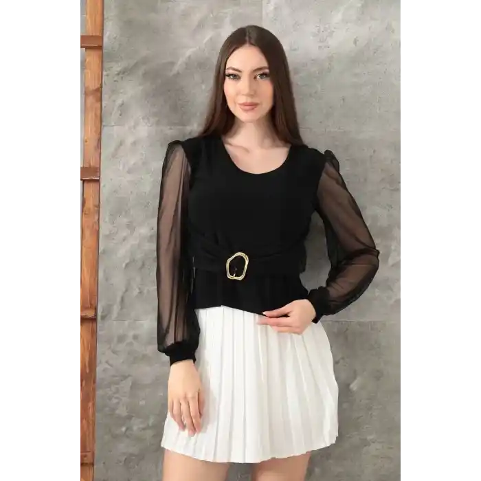 Tokalı tül kollu bluz siyah t4071