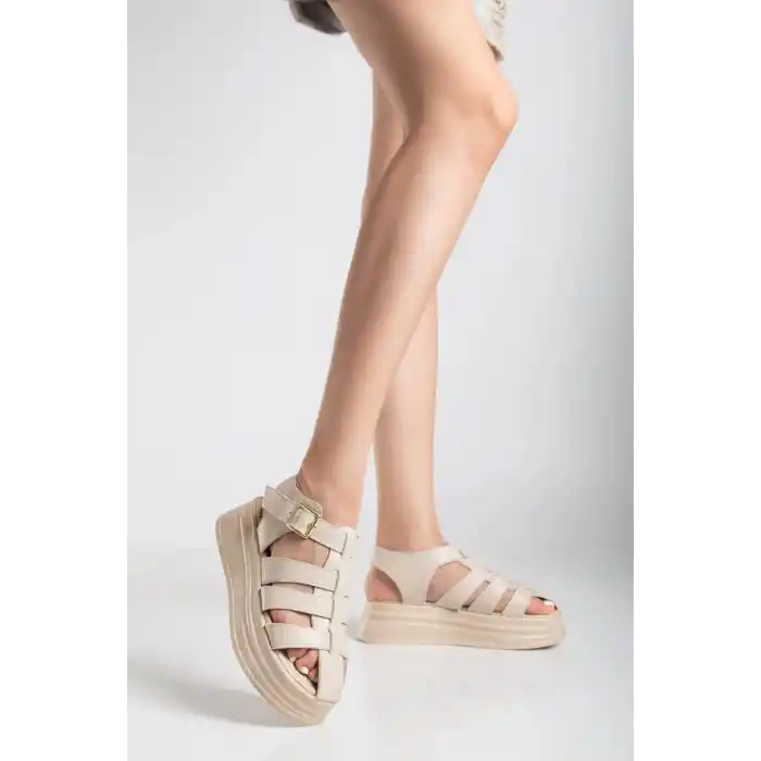 Toten Bej Cilt Kemerli Sandalet