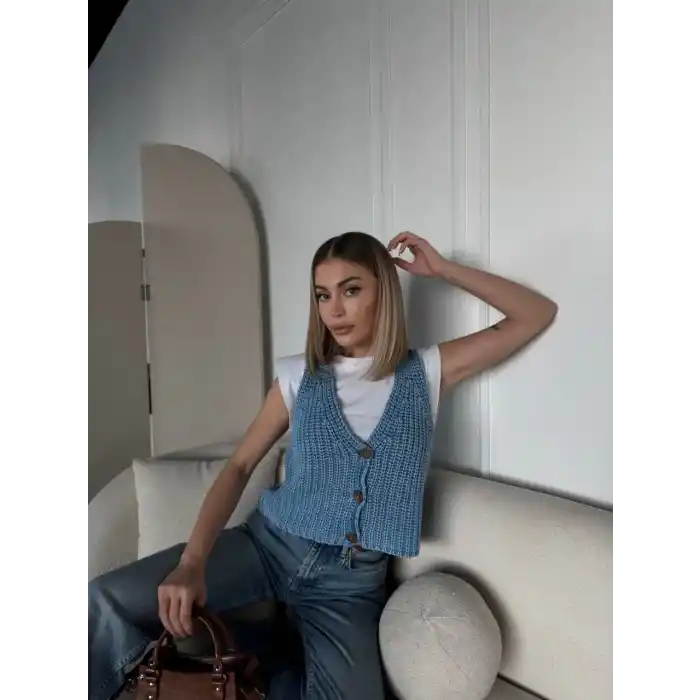 Triko Kolsuz Düğmeli Yelek - Mavi