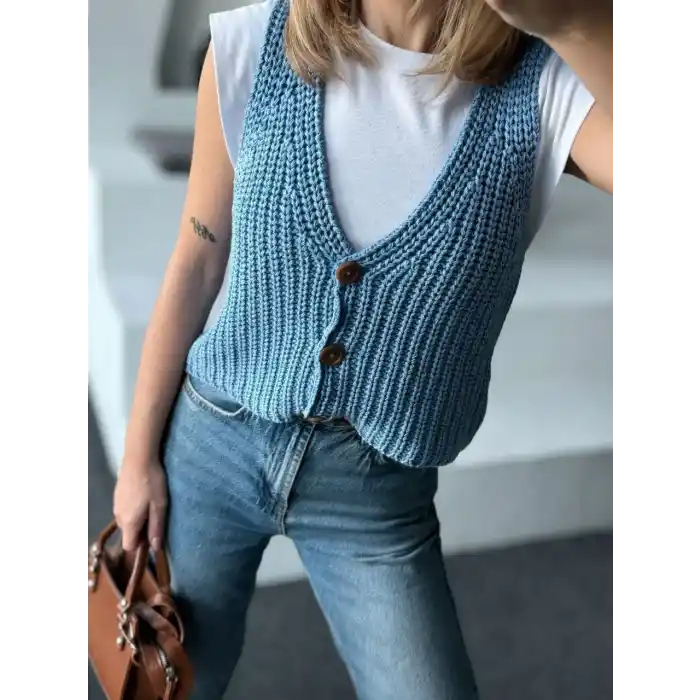 Triko Kolsuz Düğmeli Yelek - Mavi