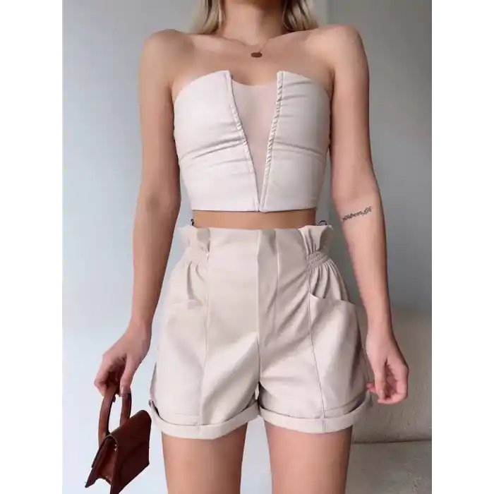 Tüllü deri crop bej w24615