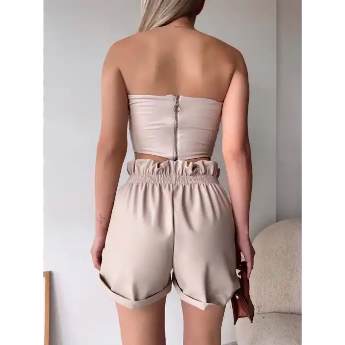 Tüllü deri crop bej w24615