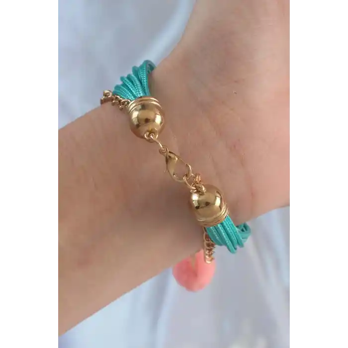 Turkuaz Renk Kar Tanesi Figür Zincir Detay İpli Çoklu Bileklik