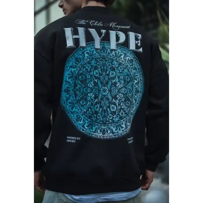 Üç İplik Bisiklet Yaka Baskılı SweatShirt - Siyah