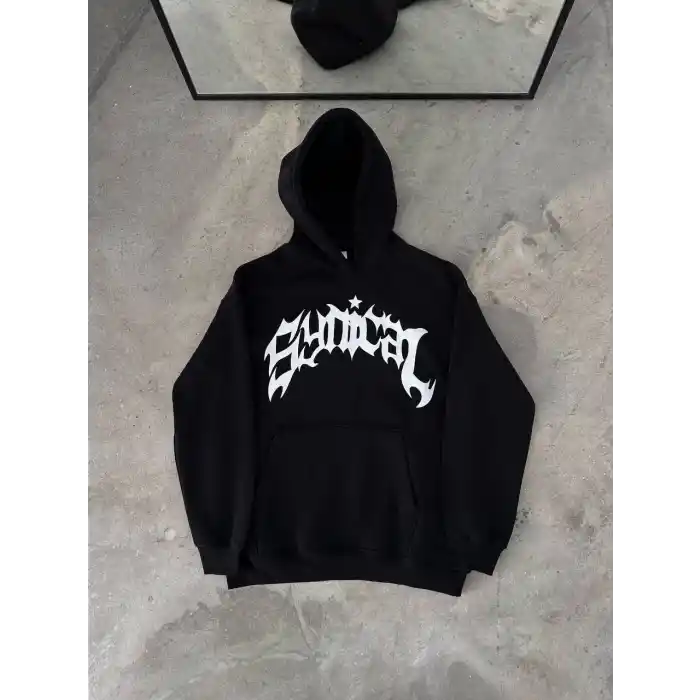 Üç İplik Kapüşonlu Baskılı Oversize SweatShirt- Siyah