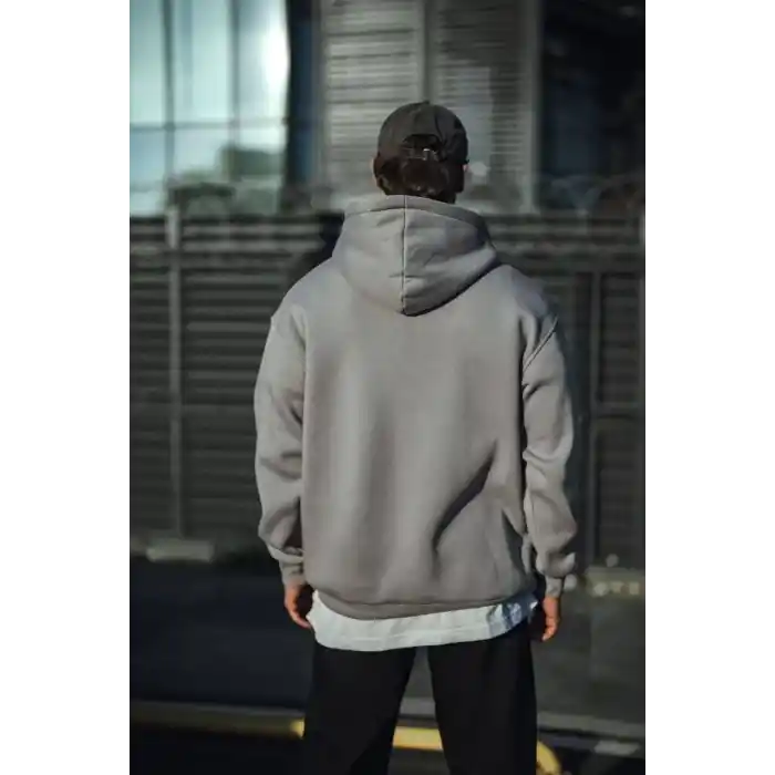 Üç İplik Penye Kapşonlu Basic SweatShirt - Boyalı Gri
