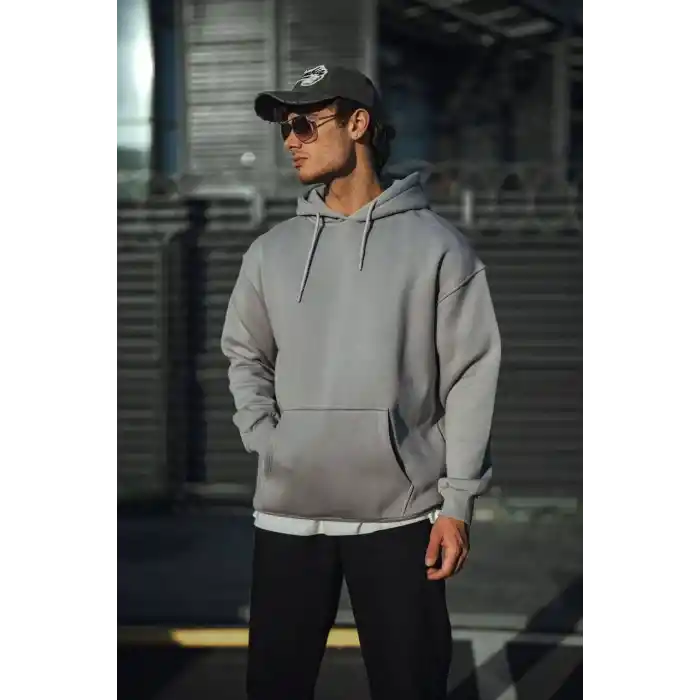 Üç İplik Penye Kapşonlu Basic SweatShirt - Boyalı Gri