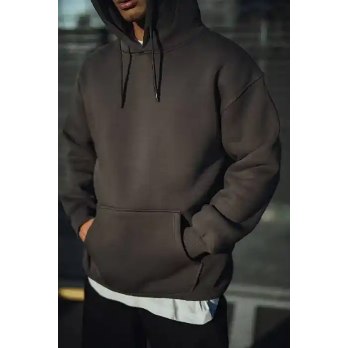 Üç İplik Penye Kapşonlu Basic SweatShirt - Füme