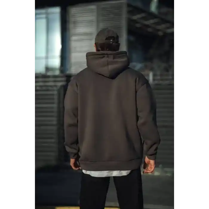 Üç İplik Penye Kapşonlu Basic SweatShirt - Füme