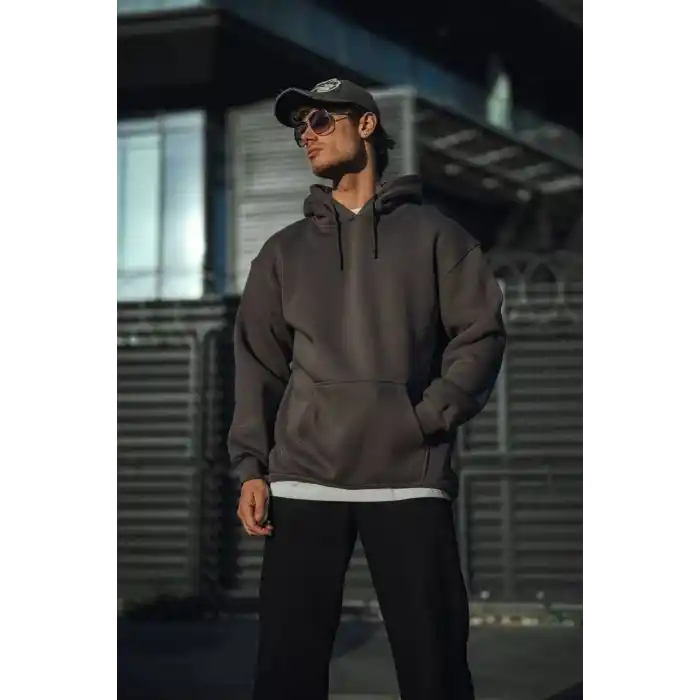 Üç İplik Penye Kapşonlu Basic SweatShirt - Füme