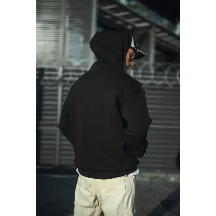 Üç İplik Penye Kapşonlu Basic SweatShirt - Siyah