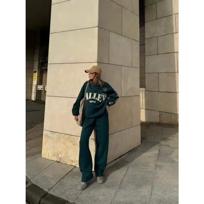 Üç İplik Yakalı Sweat Baggy Pantalonlu Takım - Yeşil