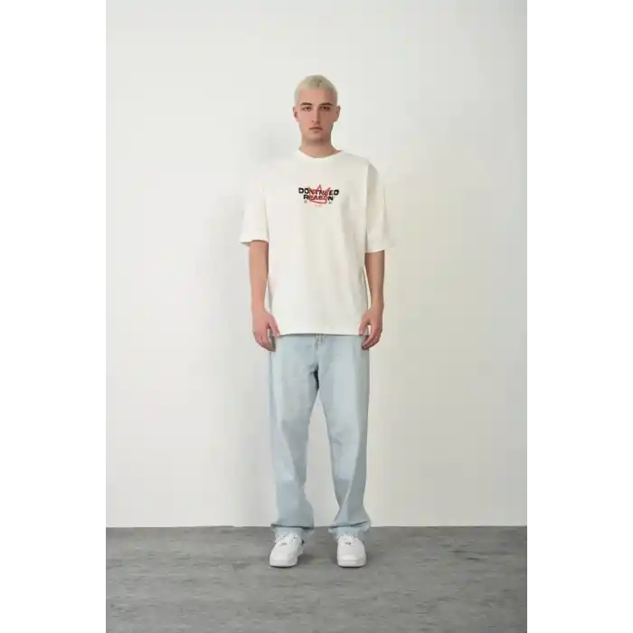 Unisex Baskılı Bisiklet Yaka Oversize T-Shirt - Beyaz