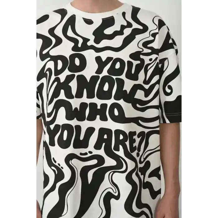 Unisex Baskılı Bisiklet Yaka Oversize T-Shirt - Beyaz