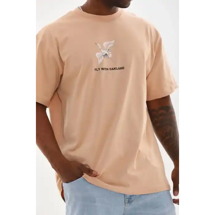 Unisex Baskılı Oversize T-Shirt - Bej