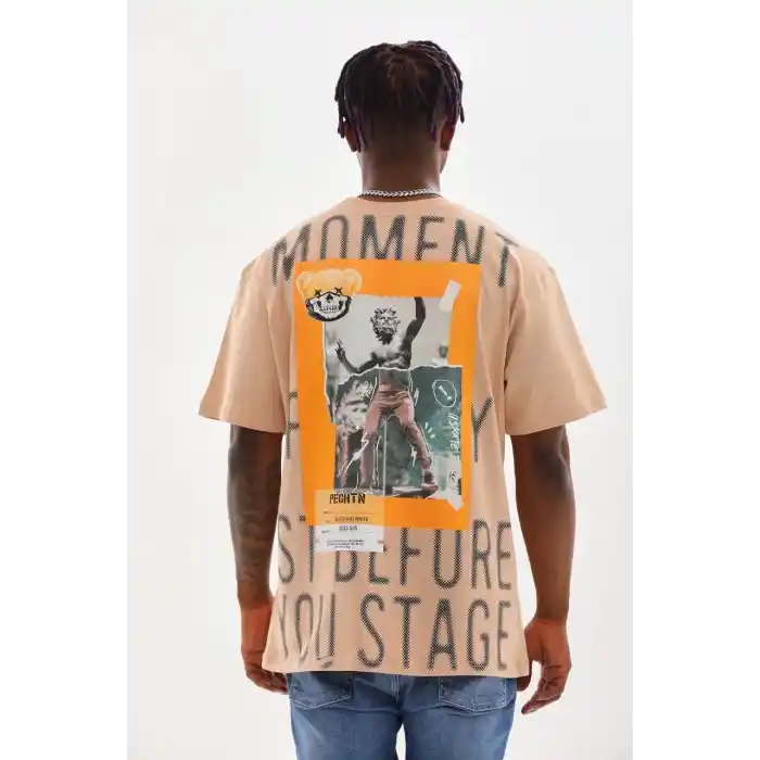 Unisex Baskılı Oversize T-Shirt - Bej