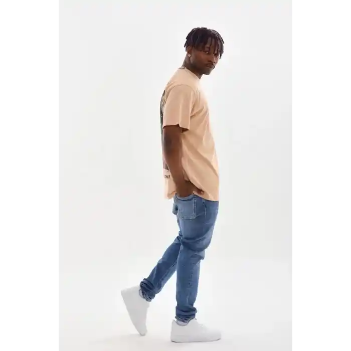 Unisex Baskılı Oversize T-Shirt - Bej