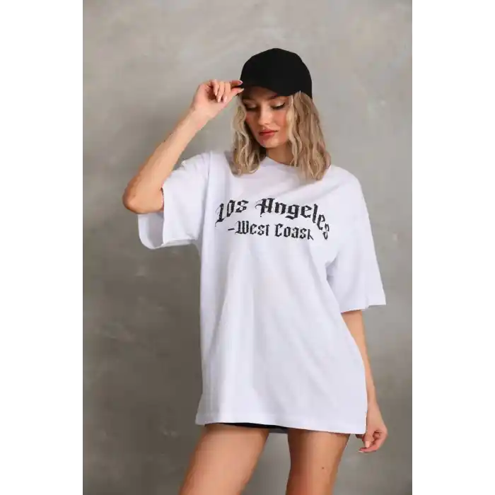 Unisex Baskılı Oversize T-Shirt - Beyaz