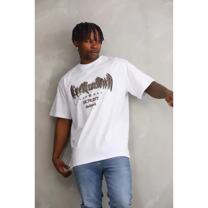 Unisex Baskılı Oversize T-Shirt - Beyaz