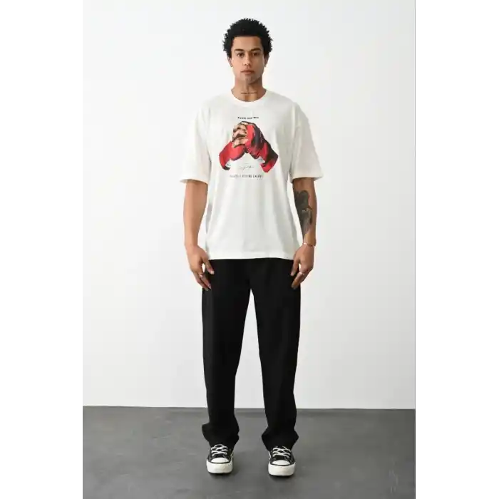 Unisex Baskılı Oversize T-Shirt - Beyaz