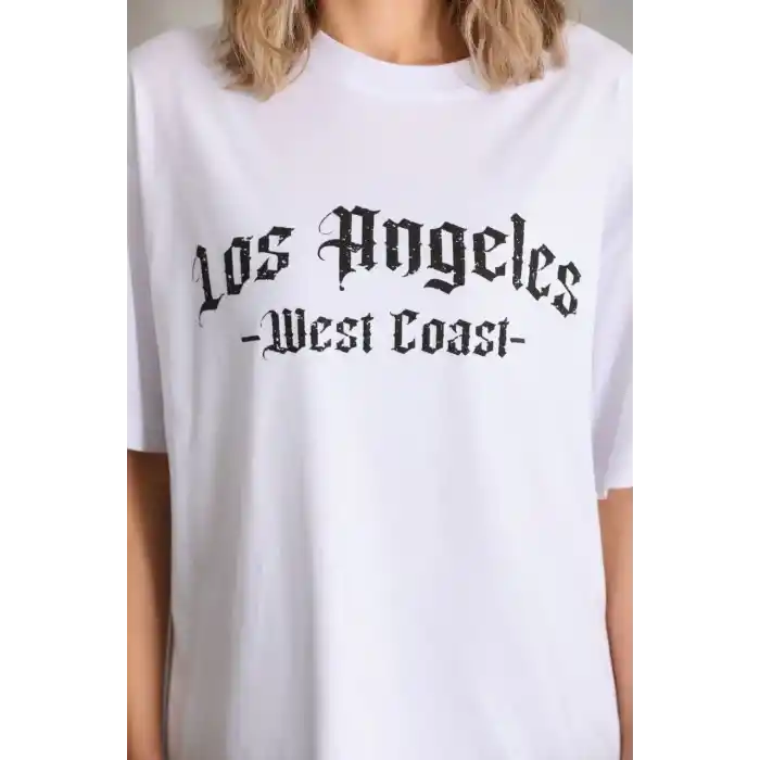Unisex Baskılı Oversize T-Shirt - Beyaz