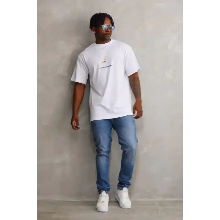 Unisex Baskılı Oversize T-Shirt - Beyaz