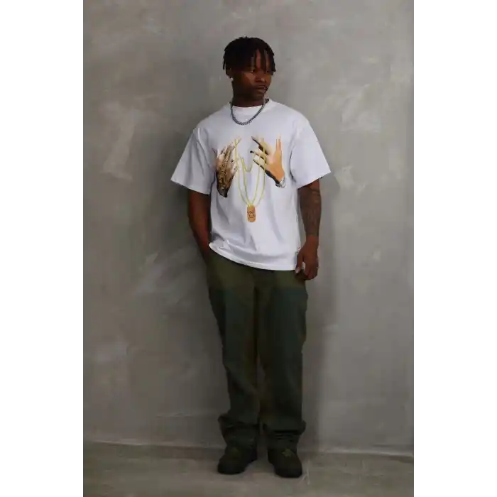 Unisex Baskılı Oversize T-Shirt - Beyaz