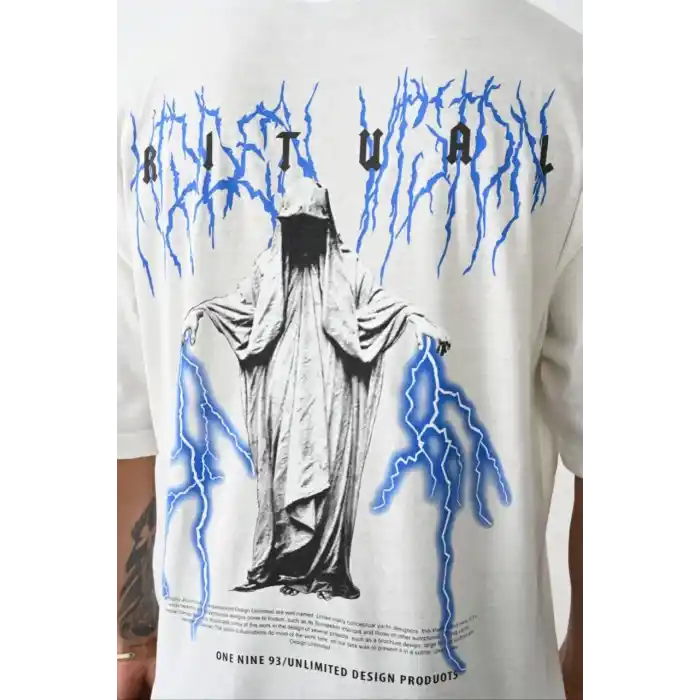 Unisex Baskılı Oversize T-Shirt - Beyaz