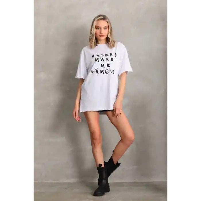 Unisex Baskılı Oversize T-Shirt - Beyaz