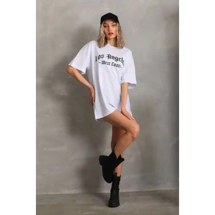 Unisex Baskılı Oversize T-Shirt - Beyaz