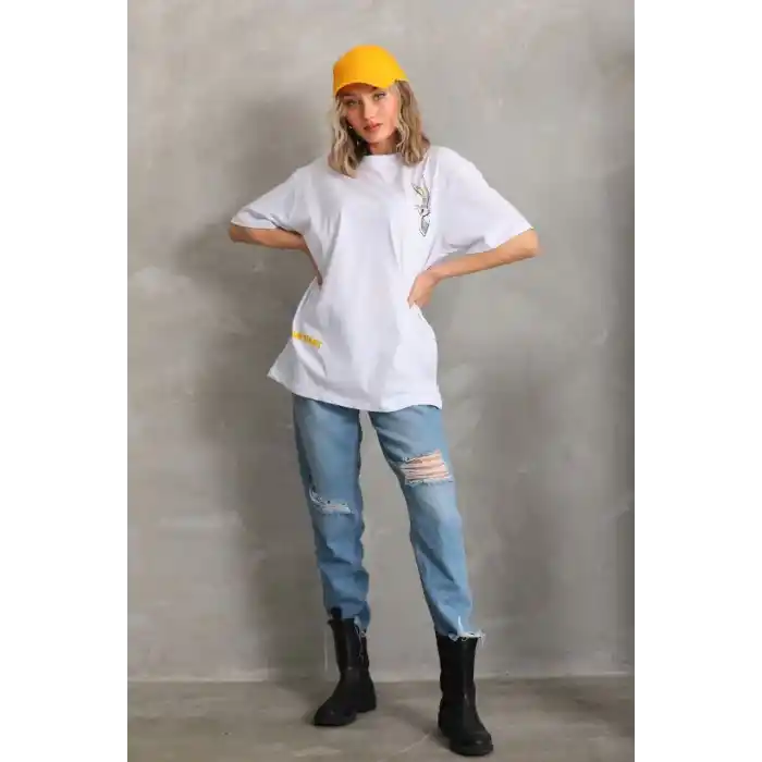Unisex Baskılı Oversize T-Shirt - Beyaz