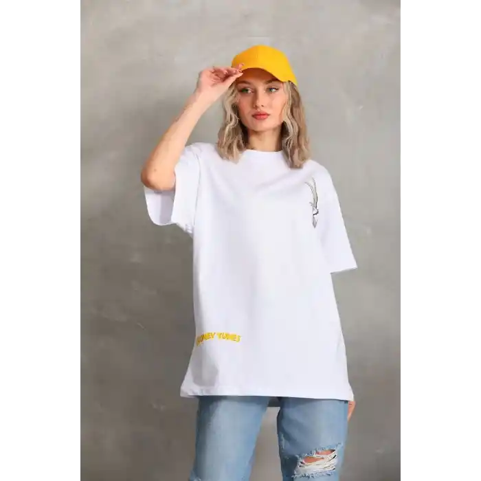 Unisex Baskılı Oversize T-Shirt - Beyaz