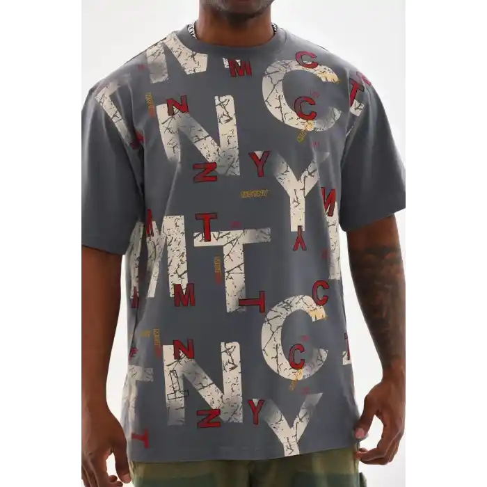 Unisex Baskılı Oversize T-Shirt - Füme