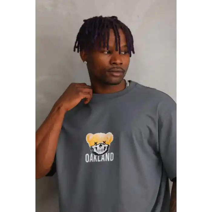 Unisex Baskılı Oversize T-Shirt - Füme