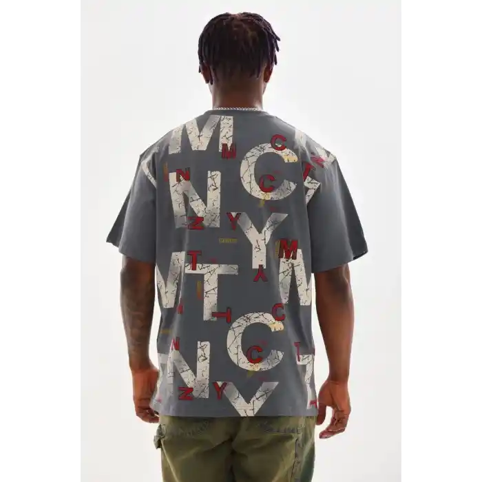 Unisex Baskılı Oversize T-Shirt - Füme