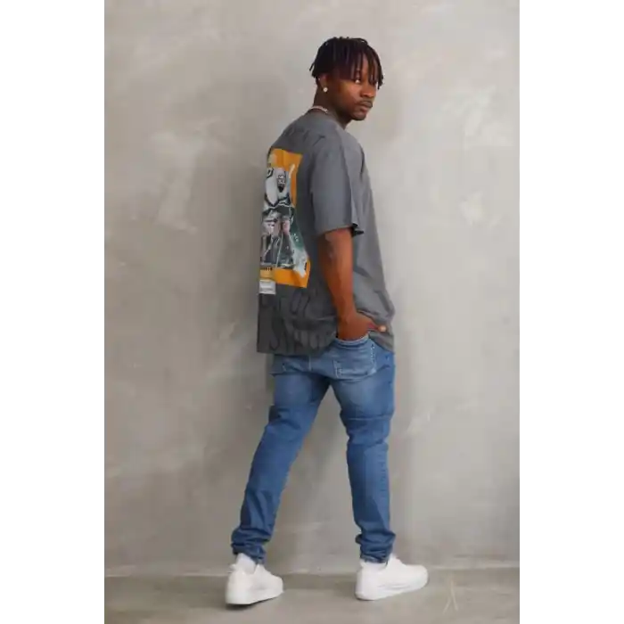 Unisex Baskılı Oversize T-Shirt - Füme