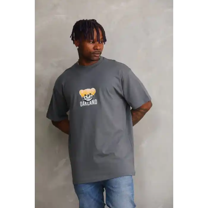 Unisex Baskılı Oversize T-Shirt - Füme