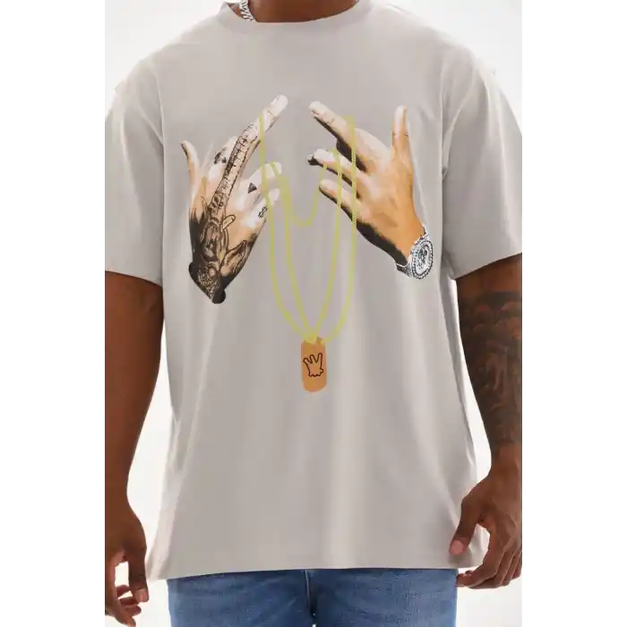 Unisex Baskılı Oversize T-Shirt - Gri